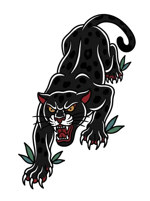 Color traditional panther and leaf tattoo design: a black panther in a stalking pose