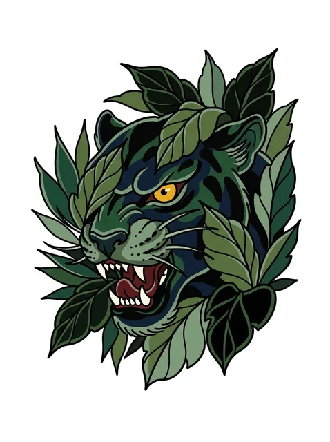 Color traditional panther and leaf tattoo design