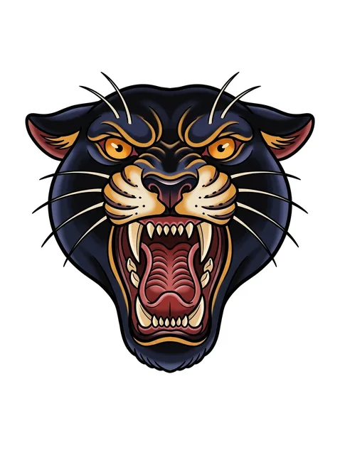 Color traditional panther tattoo design: a snarling black panther head