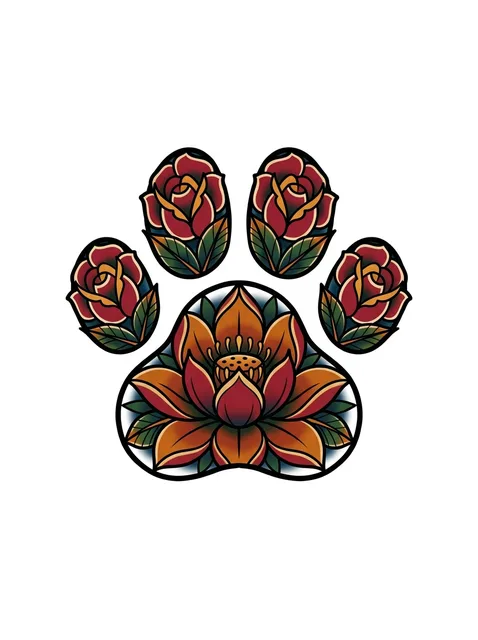 Tattoo-Vorlage mit einem Pfotenabdruck und einer Rose, Stil: Old School, in Farbe