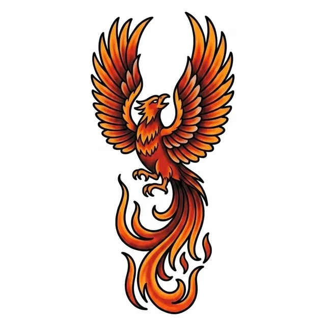 Color traditional fire and phoenix tattoo design: a phoenix rising
