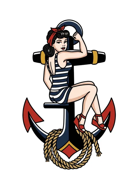Color traditional pin up and anchor tattoo design