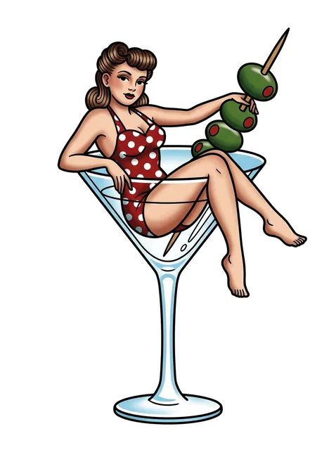 Color traditional pin up and martini glass tattoo design
