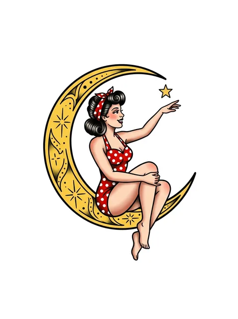 Color traditional pin up and moon tattoo design: a golden crescent moon, knees