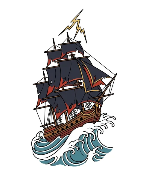 Color traditional pirate and ship tattoo design