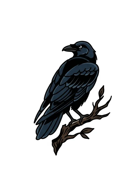Color traditional bird and raven tattoo design: a black raven perched on a bare branch