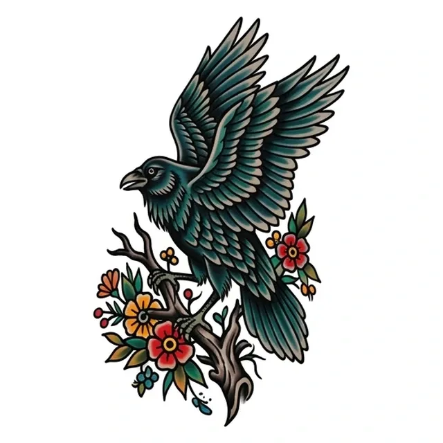 traditional Raven tattoo design, in colour