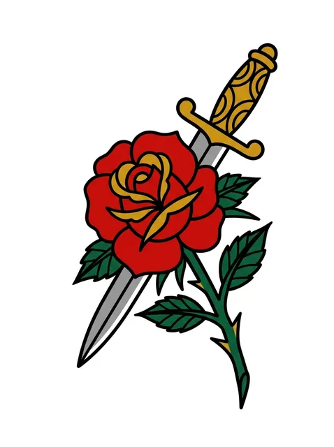 Color traditional rose and dagger tattoo design