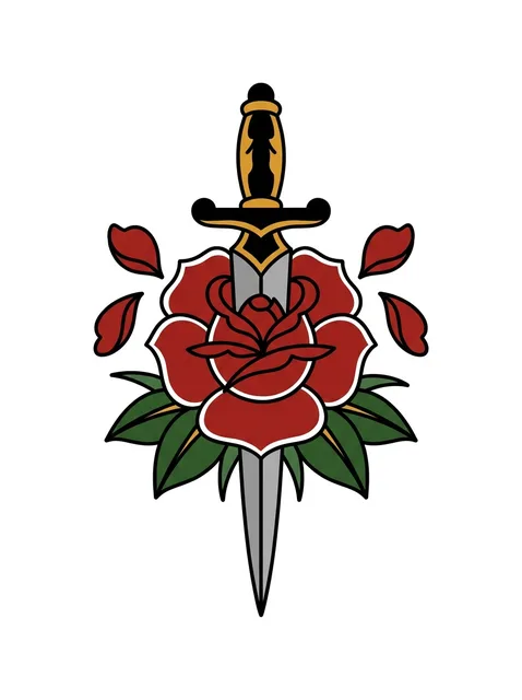 Color traditional dagger and rose tattoo design