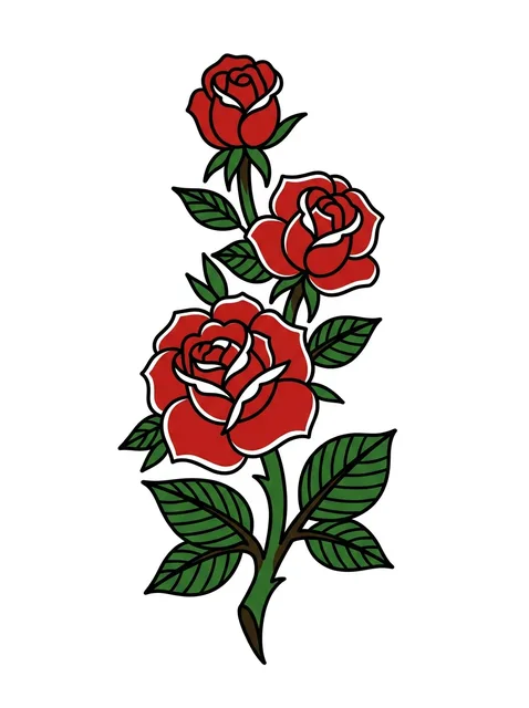 Color traditional rose and flower tattoo design: three red roses with green leaves on a thorny stem