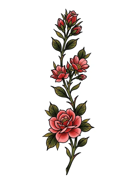 Color traditional rose and flower tattoo design