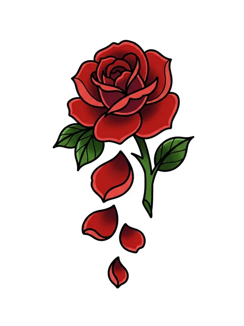 Color traditional rose and flower tattoo design: a red rose with falling petals
