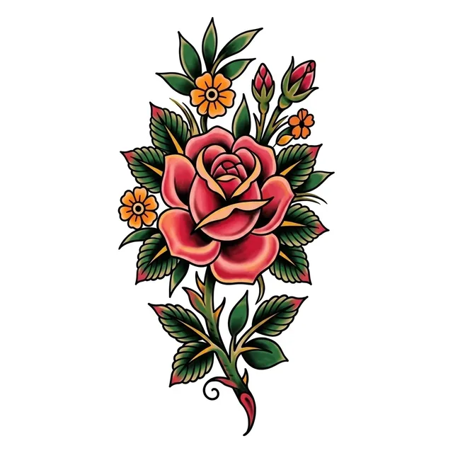 Color traditional rose and flower tattoo design: a large red rose as the central element