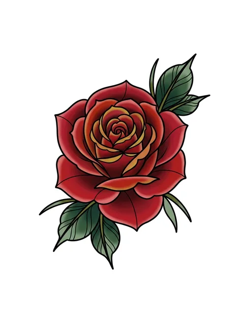 Color traditional rose and leaf tattoo design