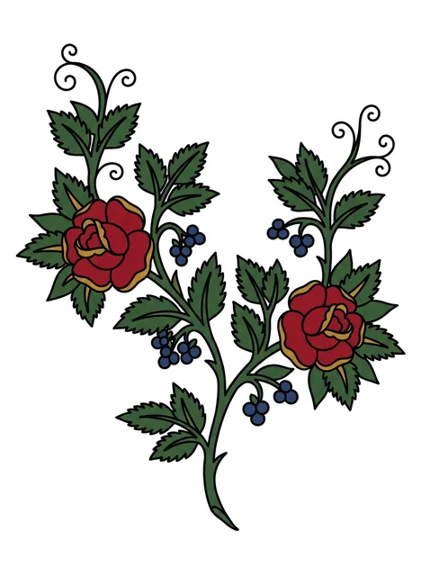 Color traditional rose and leaf tattoo design