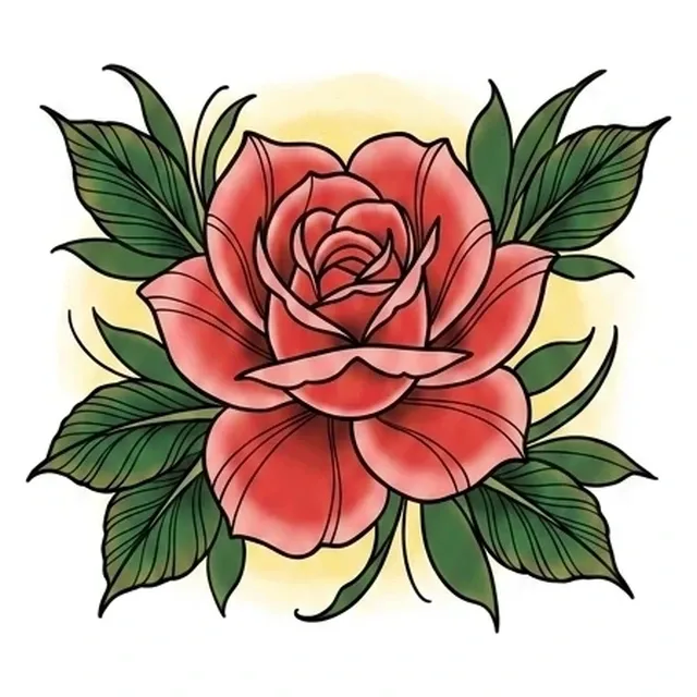 Color traditional rose and leaf tattoo design