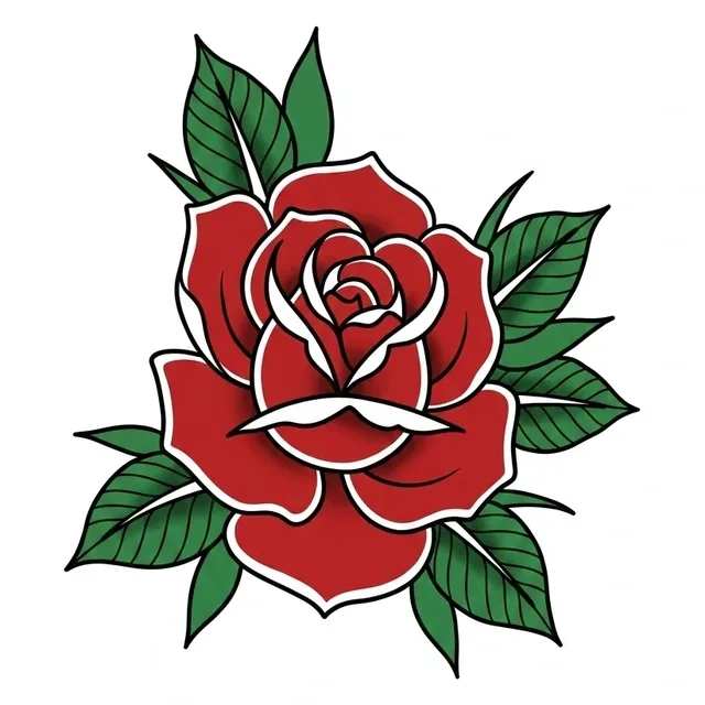 Color traditional rose and leaf tattoo design: a single red rose with green leaves