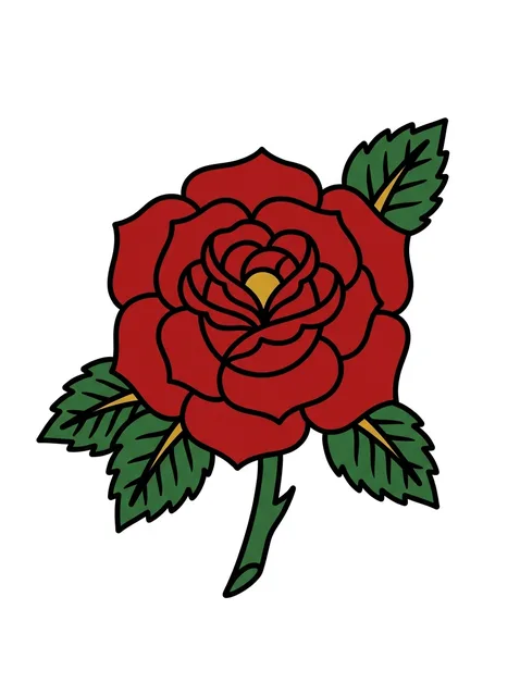 Color traditional rose and leaf tattoo design