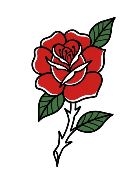 Color traditional rose tattoo design: a single red rose with green leaves and a thorny stem