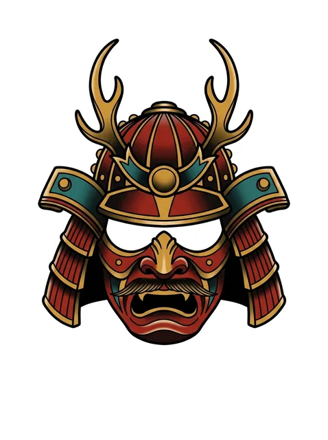 Color traditional samurai tattoo design: a samurai helmet and mask