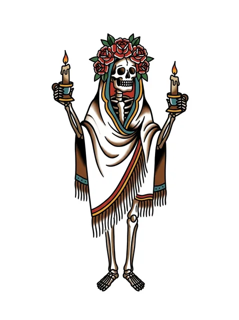 Color traditional santa muerte and skeleton tattoo design
