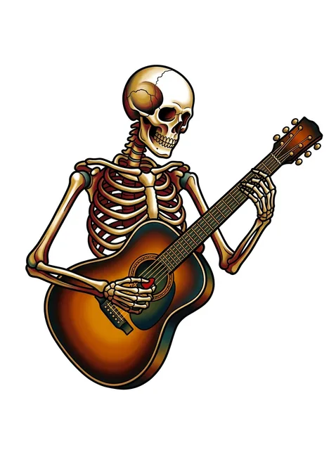 Color traditional skeleton and guitar tattoo design: a skeleton playing an acoustic guitar