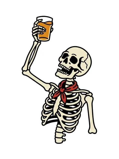 Color traditional skeleton and skull tattoo design: a skeleton raising a glass of beer in a toast