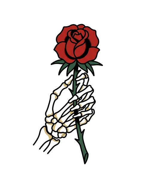 Color traditional skeleton hand and rose tattoo design