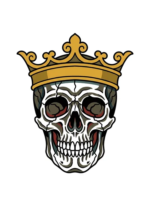 Color traditional skull and crown tattoo design: a detailed skull wearing a golden crown