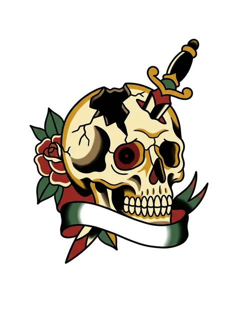 Color traditional rose and skull tattoo design: a cracked skull with a dagger plunged into its top