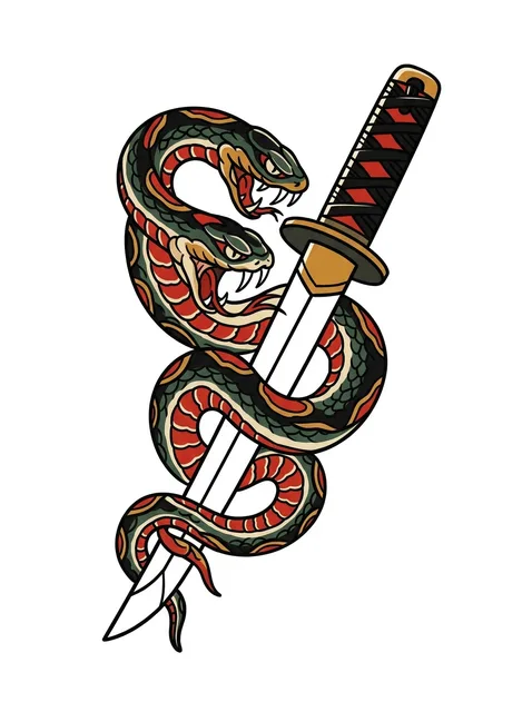 Color traditional snake and dagger tattoo design: their fangs bared