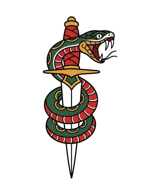 Color traditional snake and dagger tattoo design: a green snake