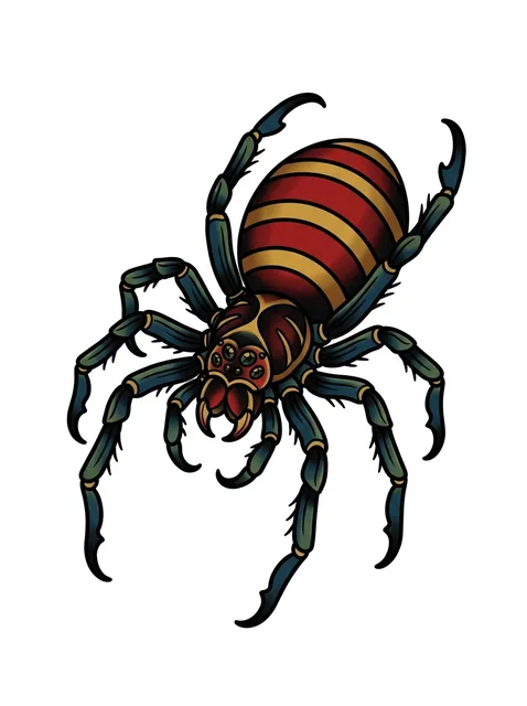 Color traditional spider tattoo design: a spider with a striped red and gold abdomen