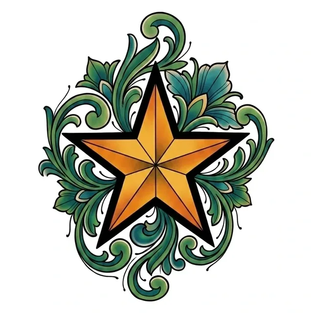 Color traditional star and leaf tattoo design: a bold yellow and orange star at its center