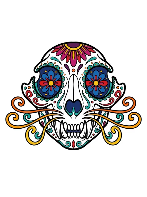 Color traditional sugar skull and cat tattoo design