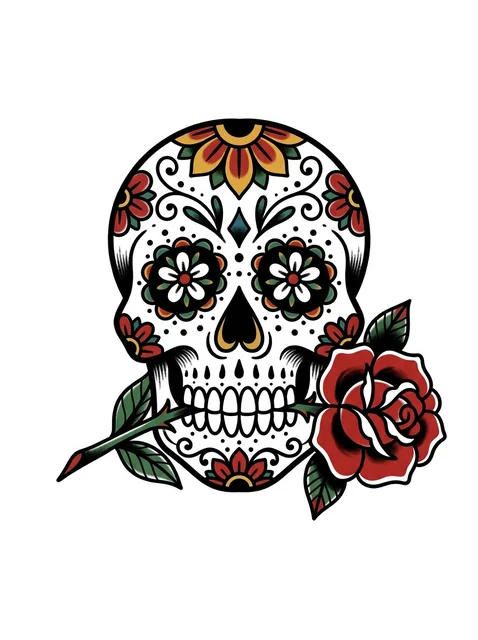 Color traditional sugar skull and rose tattoo design
