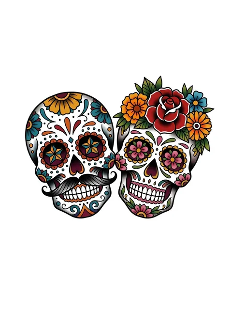 Color traditional sugar skull and rose tattoo design