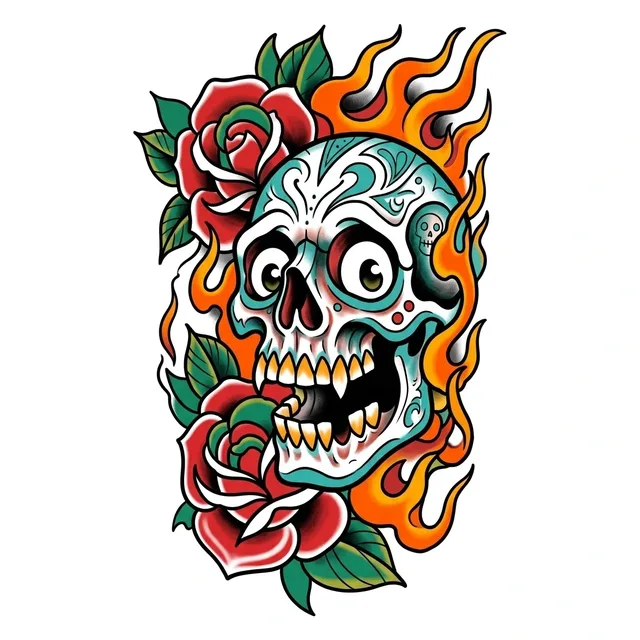 Color traditional fire and sugar skull tattoo design