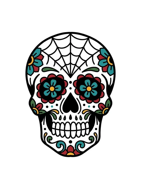 Color traditional sugar skull and web tattoo design