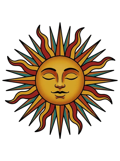 Color traditional sun tattoo design: a serene, sleeping face