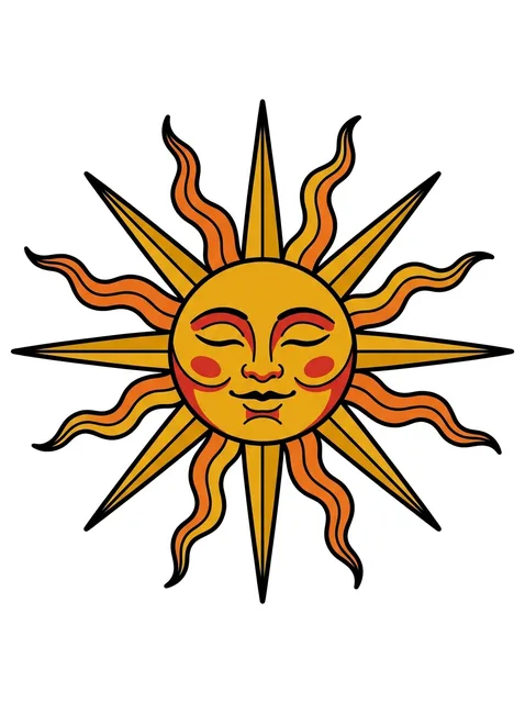 Color traditional sun tattoo design: a smiling face