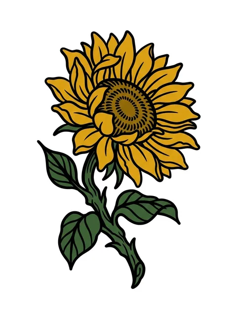 Color traditional sunflower and flower tattoo design: a single sunflower in full bloom
