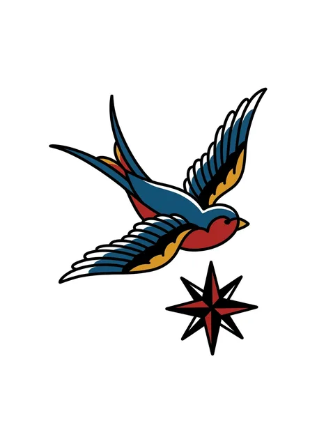 Color traditional swallow and star tattoo design