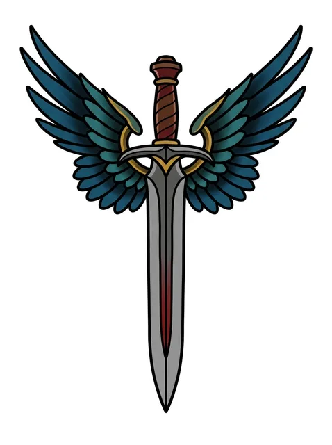 Color traditional sword and angel wings tattoo design: a winged dagger
