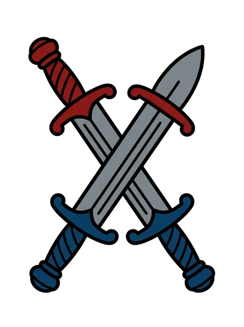 Color traditional sword tattoo design: two crossed daggers with red and blue handles