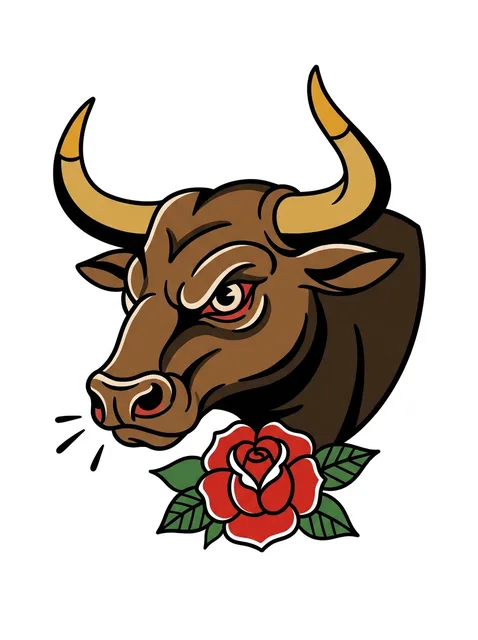 Tattoo-Vorlage mit einem Stier und dem Sternzeichen Stier, Stil: Old School, in Farbe