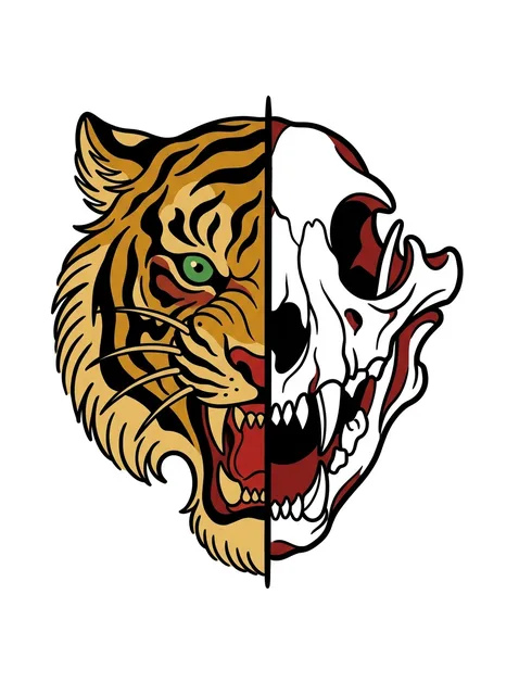 Color traditional tiger and skull tattoo design: a split image of a roaring tiger and a tiger skull