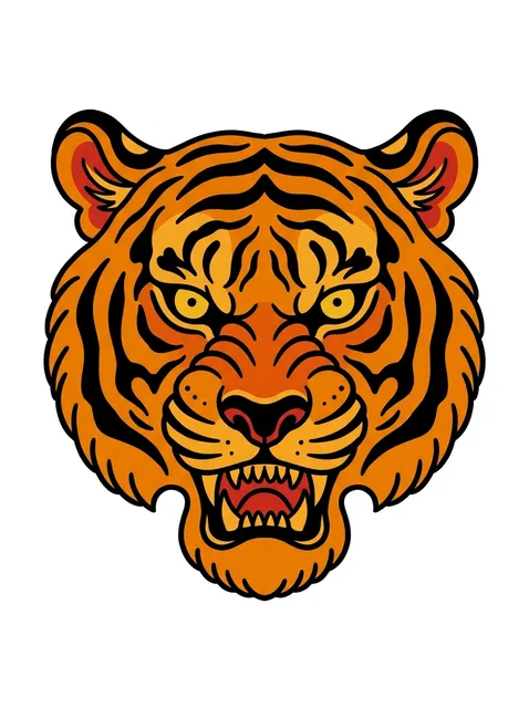 Color traditional tiger tattoo design: a roaring tiger head