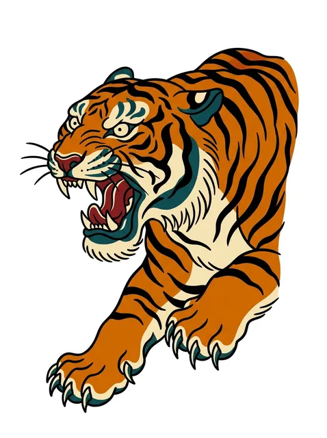 Color traditional tiger tattoo design: a roaring tiger in mid-pounce