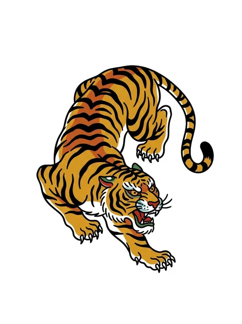 Color traditional tiger tattoo design: a crouching tiger